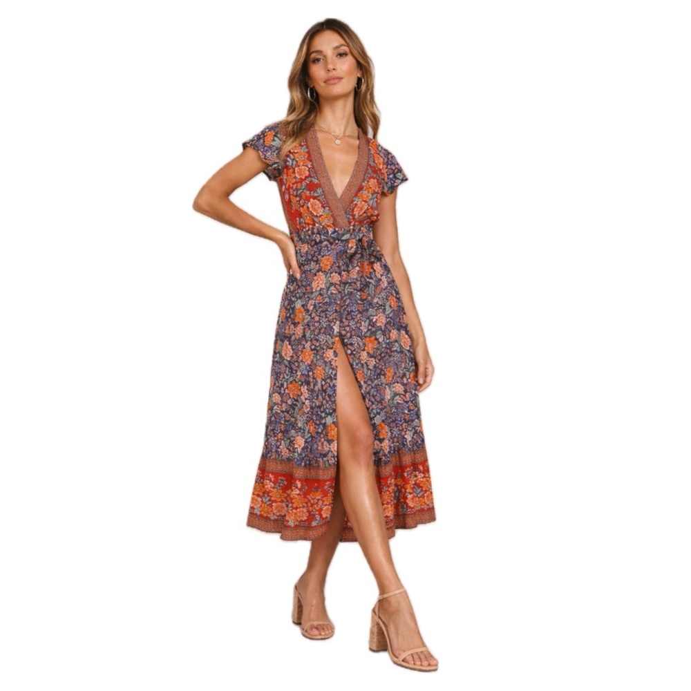 Floral V-Neck Maxi Dress - Orange and Blue